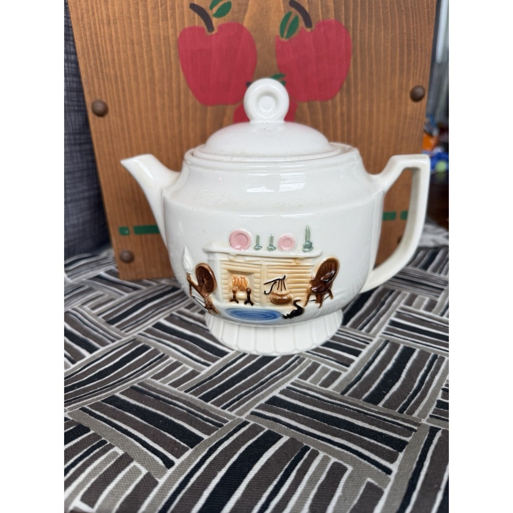 Vintage Ceramic Fireplace Relief Teapot Cream Cottagecore Hearth Scene 6.5in